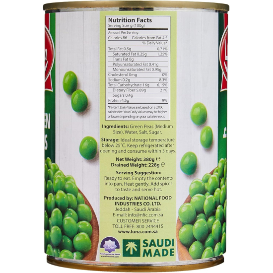 Luna Canned Green Peas 380g, Pack Of 24