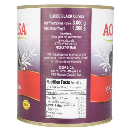 Acorsa Olives A10 Black Sliced Tin Sliced  6x1.56kg, Pack Of 2