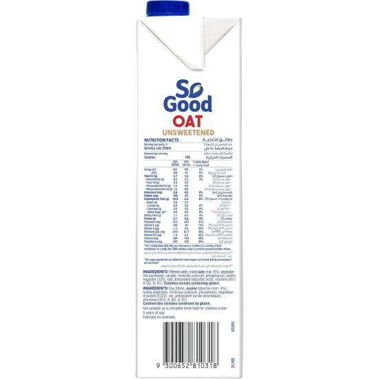 Sanitarium So Good Oat Unsweetened Milk 12x1Ltr