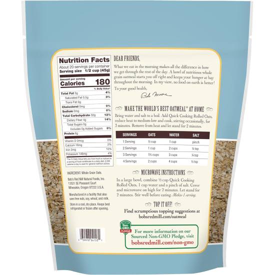 Bob's Red Mill Rolled Quick Oats 32 Oz, Pack Of 4