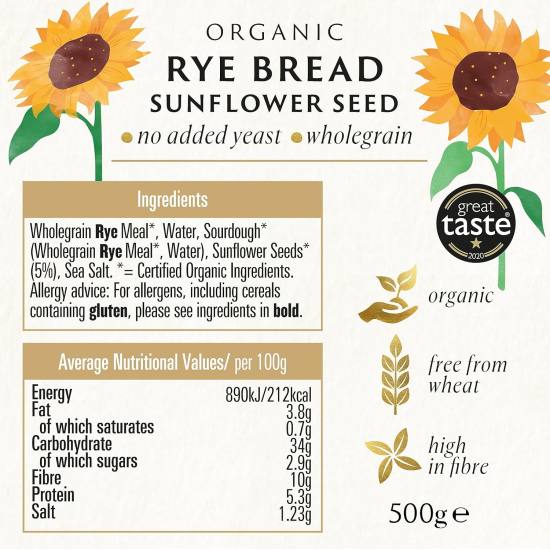 Biona Organic Rye Sunflower Seed Bread 500g, Pack 6