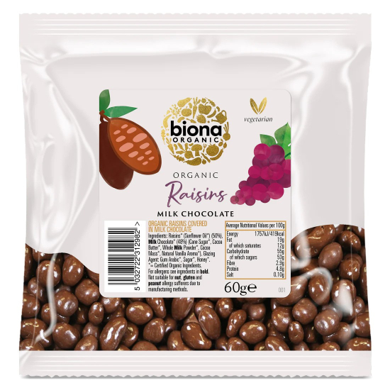 Biona Organic Milk chocolate Covered Raisins 60g, Pack Of 12