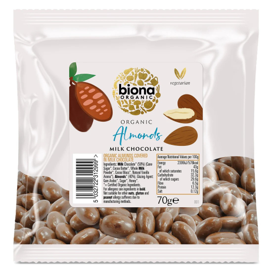 Biona Organic Milk Chocolate Covered Almonds 70g, Pack Of 12