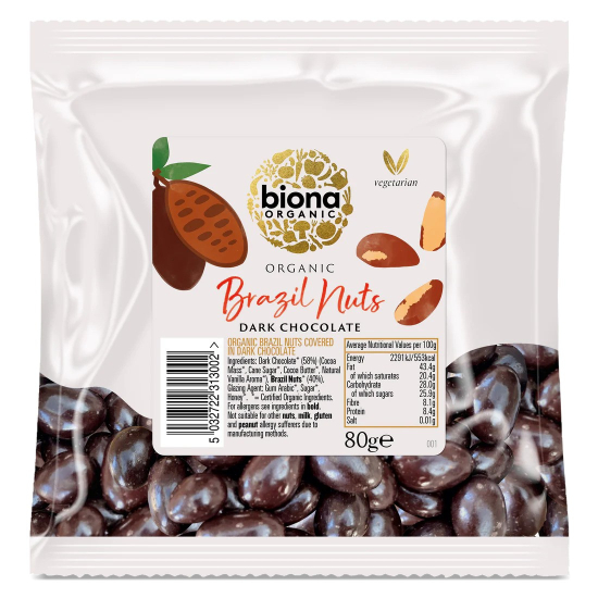 Biona Organic Dark Chocolate Covered Brazil Nuts 80g, Pack Of 12