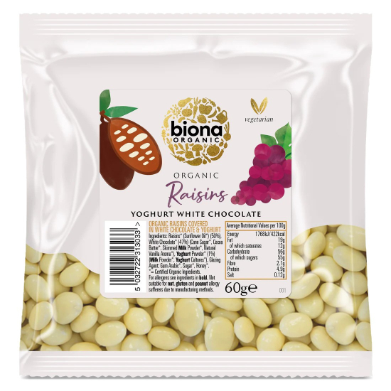 Biona Organic Yoghurt White Chocolate Covered Raisins 60g, Pack Of 12