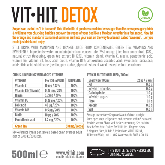 Vit-Hit Detox Mandarin + Orange 500 ml, Pack Of 12