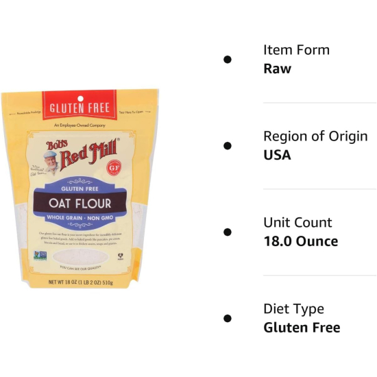 Bob's Red Mill Gluten Free Oat Flour Whole Grain Non-GMO, 18 Oz (510g)