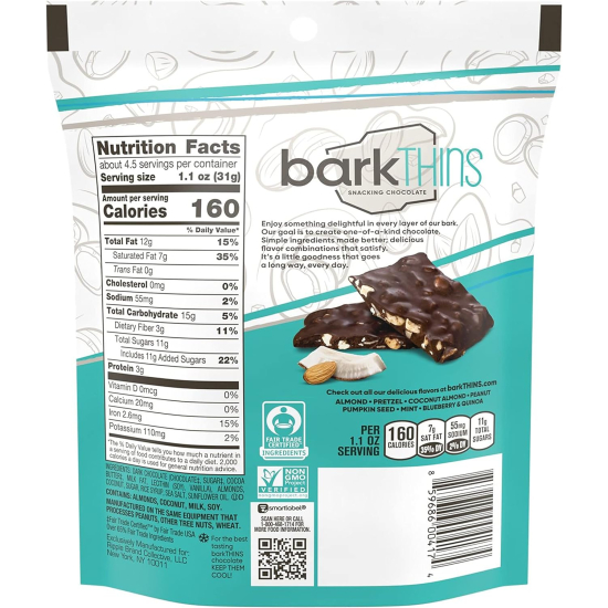 Hersheys Barkthins Snacking Dark Chocolate Coconut With Almond, 133g