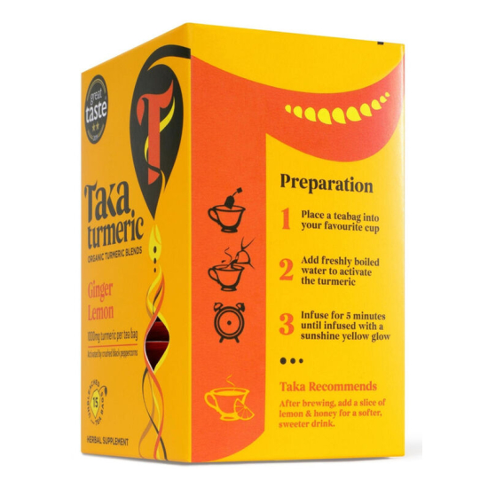 Taka Turmeric Organic Ginger Lemon Tea 2.4g x 15 Tea Bags, Pack Of 4