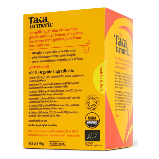 Taka Turmeric Organic Ginger Lemon Tea 2.4g x 15 Tea Bags, Pack Of 4