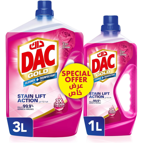 Dac Gold Disinfectant Multi-Purpose Cleaner Rose 3 Ltr + 1 Ltr, Pack Of 3