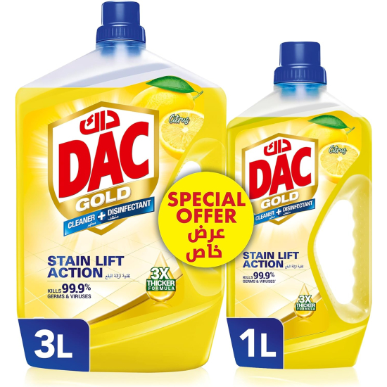 Dac Gold Citrus Multi-Purpose Disinfectant & Liquid Cleaner 3 Ltr + 1Ltr, Pack Of 3