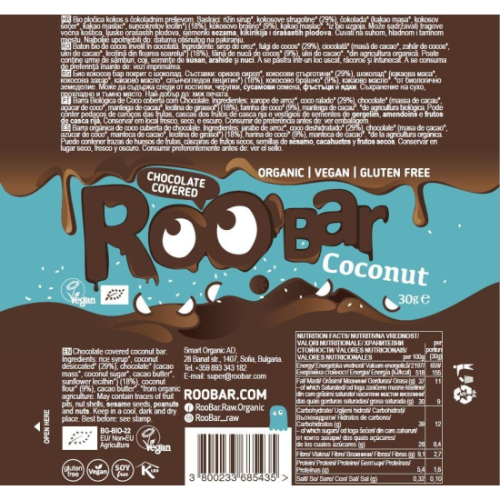 Roobar Organic Chocolate Covered Coconut Bar  Gluten Free Vegan 30g, Pack Of 12