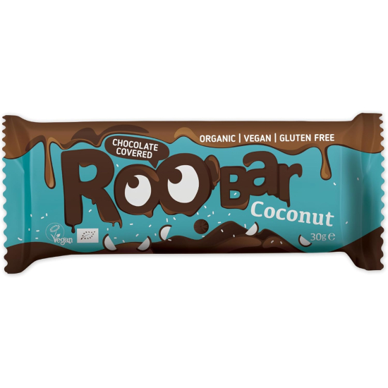 Roobar Organic Chocolate Covered Coconut Bar  Gluten Free Vegan 30g, Pack Of 12