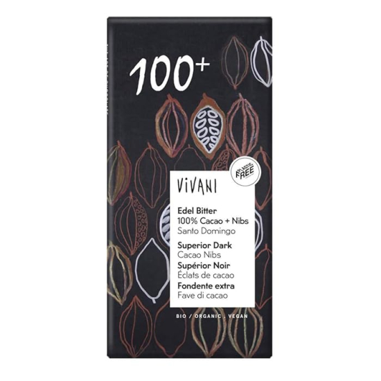 Vivani Organic Edel Bitter 100% Cacao + Nibs 80g Vegan, Pack Of 6