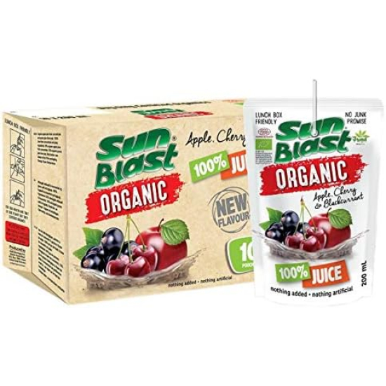 Sun Blast Organic Apple, Cherry & Blackcurrant Juice No Added Sugar 10 x 200ml, Pack Of 12