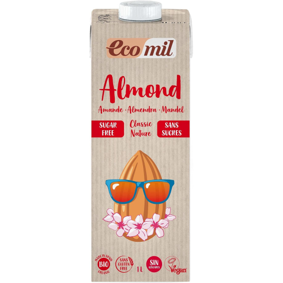 Ecomil Organic Almond Milk Classic, Sugar Free, Gluten Free, Vegan 1L, Pack Of 8