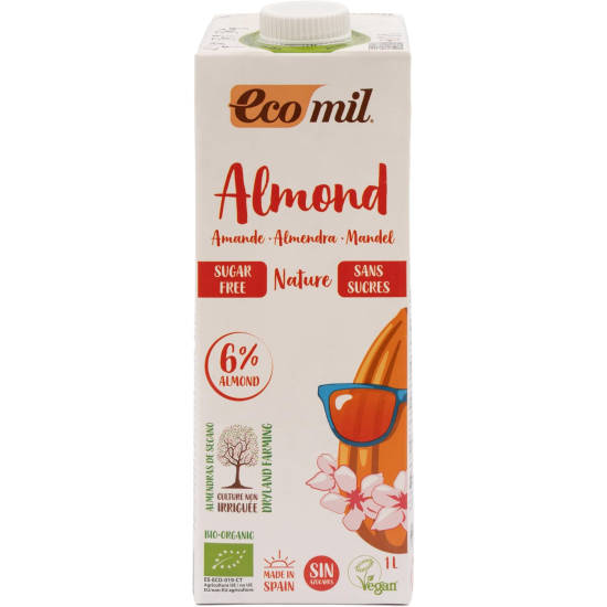 Ecomil Organic Almond Milk,  Sugar Free, Gluten Free, Vegan 1L, Pack Of 8