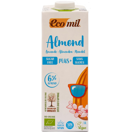 Ecomil Organic Almond Milk Calcium, Sugar Free, Gluten Free, Vegan 1L, Pack Of 8