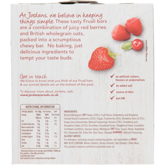 Jordans Frusli Juicy Red Berries Bar, 6x30g