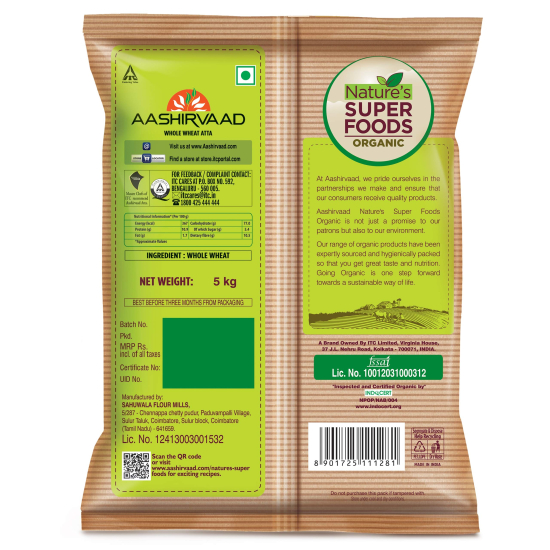 Aashirvaad Org Whole Wheat Flour 5kg, Pack Of 4