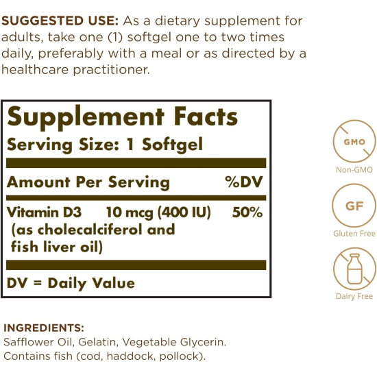 Solgar Vitamin D3 400iu Soft gels Cholecalciferol 100's