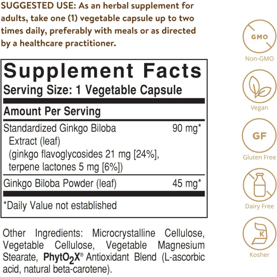 Solgar SPF Ginkgo Biloba Leaf Extract 180 Vegetable Capsules