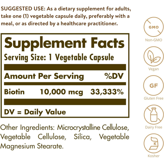 Solgar Biotin 10,000 Mcg, 60 Vegetable Capsules